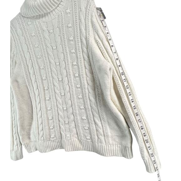 Lands End Sweater Womens L Petite Cream Cable Knit Fisherman Turtleneck Cozy - Picture 9 of 14